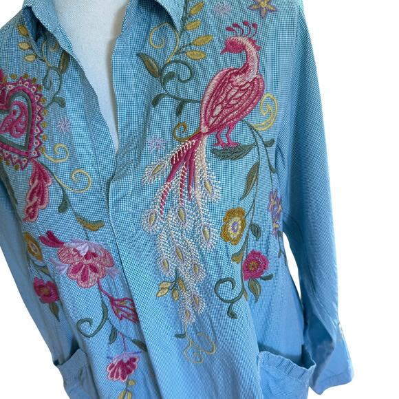 Johnny Was Embroidered Ashlee Henley Popover SZ S Gingham Boho Cottagecore - Picture 2 of 8